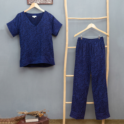 conjunto de pijama batik - Conjunto de pijama batik de rayón azul marino y amatista de Indonesia