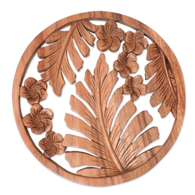 Wood relief panel, 'Floral Jungle' - Hand-Carved Brown Leafy and Floral Relief Panel from Bali