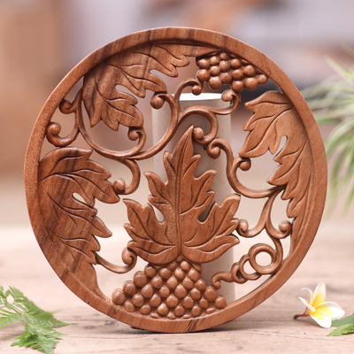 Wood relief panel, 'Grape Season' - Hand-Carved Suar Wood Grapevine Relief Panel from Bali