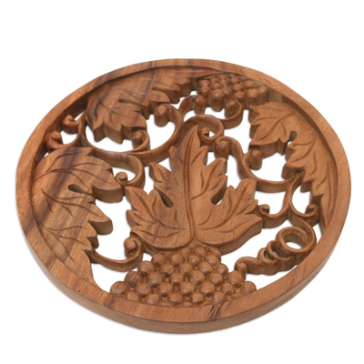 Wood relief panel, 'Grape Season' - Hand-Carved Suar Wood Grapevine Relief Panel from Bali