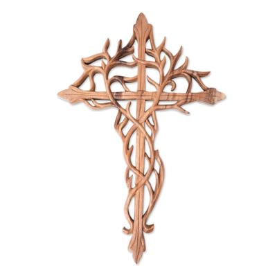 Wood relief panel, 'Strong Faith' - Hand-Carved Suar Wood Relief Panel of Cross and Roots