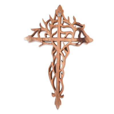 Wood relief panel, 'Strong Faith' - Hand-Carved Suar Wood Relief Panel of Cross and Roots