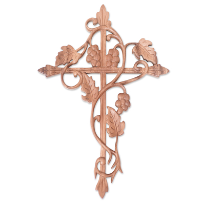Wood relief panel, 'Noble Hope' - Hand-Carved Suar Wood Relief Panel of Cross and Grapevines
