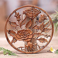 Wood wall panel, 'Blooming Passion' - Hand-Carved Suar Wood Relief Panel of Roses in Natural Brown