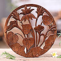 Wood relief panel, 'Floral Dream' - Hand-Carved Suar Wood Relief Panel with Flowers and Leaves