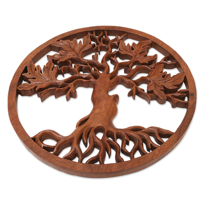 Wood relief panel, 'Celestial Tree' - Hand-Carved Suar Wood Relief Panel of Leafy Tree from Bali
