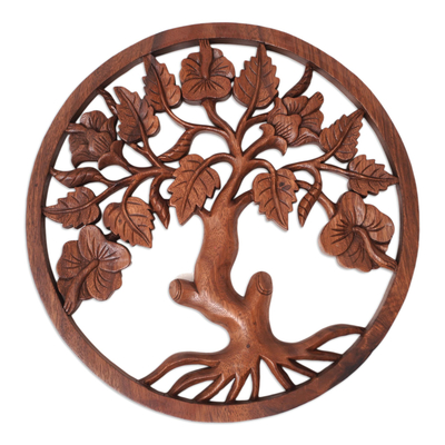 Wood relief panel, 'Hibiscus Charm' - Hand-Carved Suar Wood Relief Panel of Hibiscus Tree