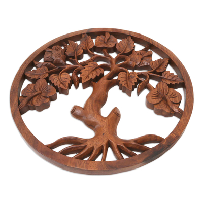 Wood relief panel, 'Hibiscus Charm' - Hand-Carved Suar Wood Relief Panel of Hibiscus Tree