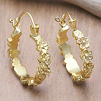 Gold-plated hoop earrings, 'Flower Wreaths' - 18k Gold-Plated Flower Wreath Hoop Earrings from Bali