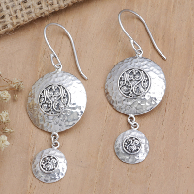 Sterling silver dangle earrings, 'Twin Discs' - Sterling Silver Hammered Dangle Earrings from Bali