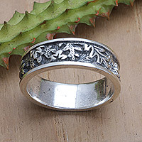 Sterling silver band ring, 'Monstera Caresses'