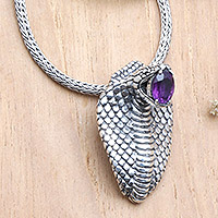 Amethyst pendant necklace, 'Wisdom Cobra'