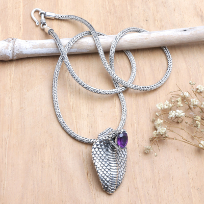 Amethyst pendant necklace, 'Wisdom Cobra' - Sterling Silver Cobra Pendant Necklace with 1-Carat Amethyst
