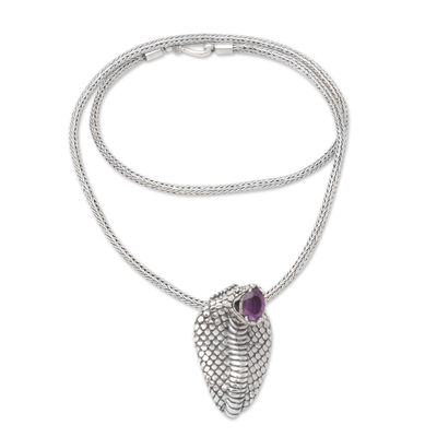 Amethyst pendant necklace, 'Wisdom Cobra' - Sterling Silver Cobra Pendant Necklace with 1-Carat Amethyst