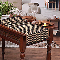 Cotton blend table runner, 'Chessboard' - Table Runner Hand-Woven from Cotton and Natural Fibers