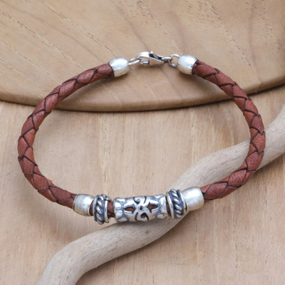 Leather braided pendant bracelet, 'Warm Hug' - Brown Leather Sterling Silver Braided Bracelet with Pendant