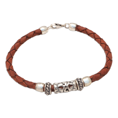 Leather braided pendant bracelet, 'Warm Hug' - Brown Leather Sterling Silver Braided Bracelet with Pendant