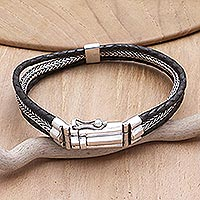 Men's leather wristband bracelet, 'Braided Knight' - Men's Black Leather and Sterling Silver Wristband Bracelet