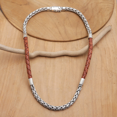 Men's leather-accented chain necklace, 'Charming Man' - Men's Brown Leather-Accented Sterling Silver Chain Necklace