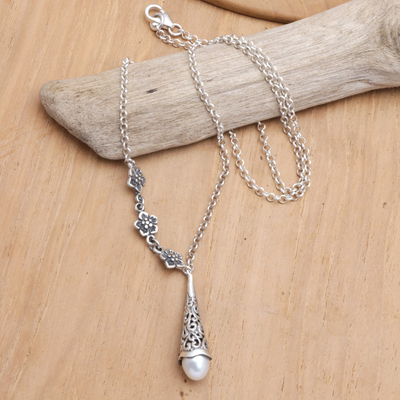 Cultured pearl pendant necklace, 'Floral Lantern' - Floral Sterling Silver Pendant Necklace with Grey Pearl