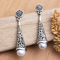 Cultured pearl dangle earrings, 'Floral Lantern' - Floral Sterling Silver Dangle Earrings with Grey Pearls