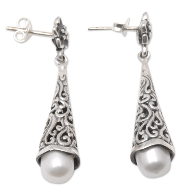Pendientes colgantes de perlas cultivadas - Pendientes colgantes florales de plata de ley con perlas grises