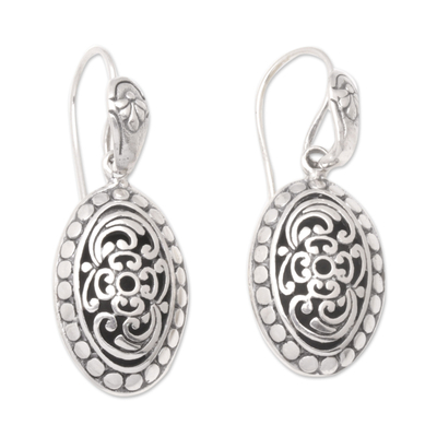 Sterling silver dangle earrings, 'Blooming Shell' - Sterling Silver Oval Dangle Earrings with Floral Motifs
