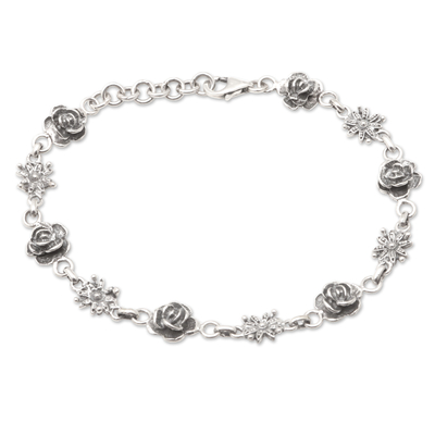 Sterling silver link bracelet, 'Passion Garden' - Sterling Silver Link Bracelet with Roses and Blooms
