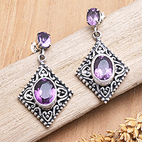 Amethyst dangle earrings, 'Purple Nobility' - Faceted Two-Carat Amethyst Dangle Earrings Diamond-Shaped