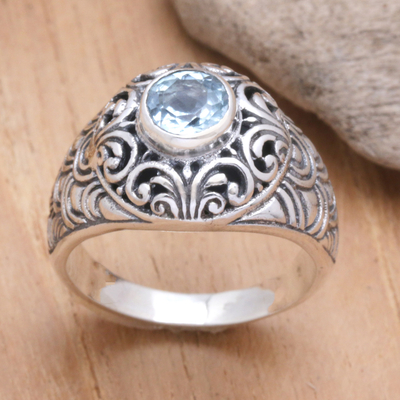 Blue topaz cocktail ring, 'Blue Scales' - Faceted Blue Topaz Cocktail Ring with Scale Motifs