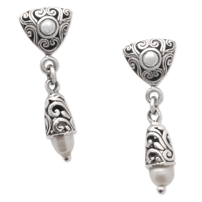 Cultured pearl dangle earrings, 'Traditional Triangles' - Geometric Dangle Earrings with Traditional Motifs and Pearls