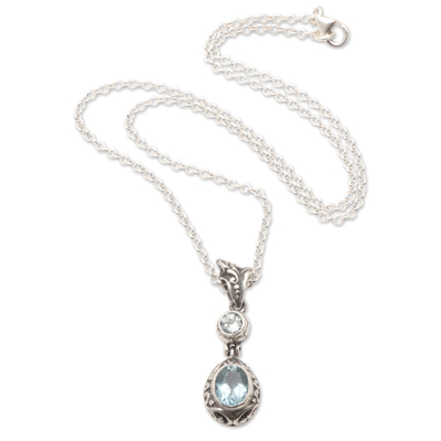 Blue topaz pendant necklace, 'Blue Dame' - Balinese Pendant Necklace with One-Carat Blue Topaz Gems