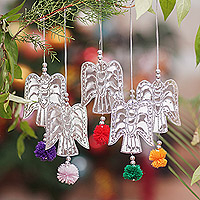 Aluminum ornaments, 'Angelic Sparkles' (set of 5) - Set of 5 Handcrafted Embossed Angel Ornaments with Pompoms