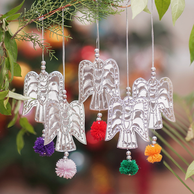 Set of 5 Handcrafted Embossed Angel Ornaments with Pompoms, 'Angelic  Sparkles'