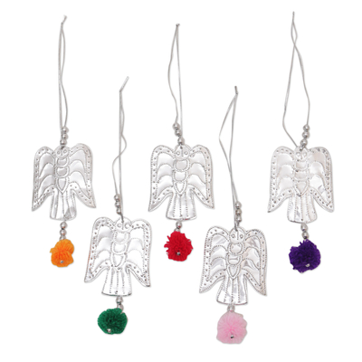 Aluminum ornaments, 'Angelic Sparkles' (set of 5) - Set of 5 Handcrafted Embossed Angel Ornaments with Pompoms