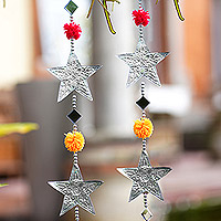 Aluminum garland, 'Starry Colors' (pair) - 2 Handcrafted Aluminum Star Garlands with Glass and Pompoms