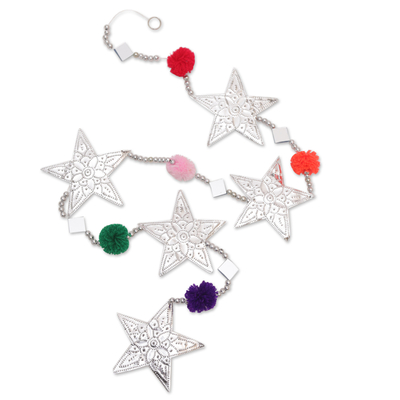 2 Handcrafted Aluminum Star Garlands with Glass and Pompoms