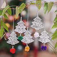 Aluminum ornaments, 'Merry Forest' (set of 5) - Set of 5 Christmas Tree Aluminum Ornaments with Pompoms