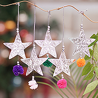 Aluminum ornaments, 'Shimmering Stars' (set of 5) - Set of 5 Handcrafted Aluminum Star Ornaments with Pompoms
