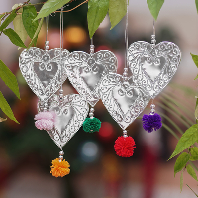 aluminium ornaments, 'Heart colours' (set of 5) - Set of 5 Handcrafted aluminium Heart Ornaments with Pompoms