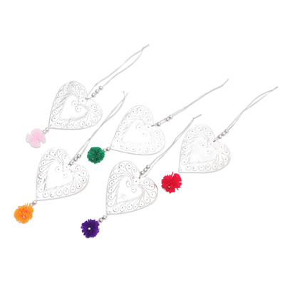 Aluminum ornaments, 'Heart Colors' (set of 5) - Set of 5 Handcrafted Aluminum Heart Ornaments with Pompoms