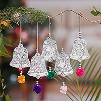 Aluminum ornaments, 'Celebration Bells' (set of 5) - Set of 5 Embossed Aluminum Bell Ornaments from Bali