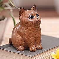 Wood figurine, 'Cozy Cat' - Wood Figurine of Adorable Cat Hand-Carved in Bali