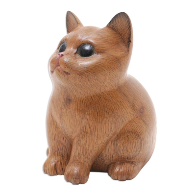 Wood figurine, 'Cozy Cat' - Wood Figurine of Adorable Cat Hand-Carved in Bali