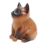 Wood figurine, 'Hungry Cat' - Wood Cat Figurine in Brown and Black Hand-Painted in Bali