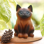 Wood figurine, 'Hungry Cat' - Wood Cat Figurine in Brown and Black Hand-Painted in Bali