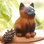 Wood figurine, 'Hungry Cat' - Wood Cat Figurine in Brown and Black Hand-Painted in Bali