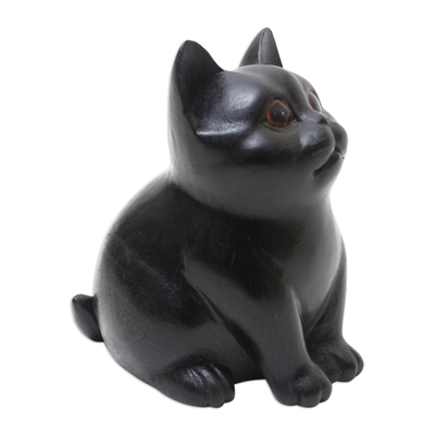 Wood figurine, 'Chubby Cheeks' - Wood Cat Figurine in Black Hand-Painted in Bali