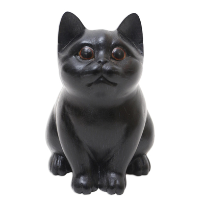 Wood figurine, 'Chubby Cheeks' - Wood Cat Figurine in Black Hand-Painted in Bali