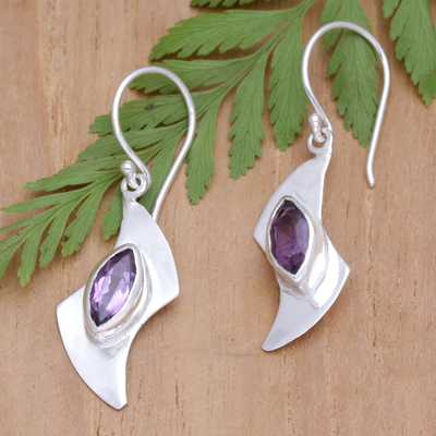 Amethyst dangle earrings, 'Purple Boomerang' - Sterling Silver Dangle Earrings with Faceted Amethyst Stones